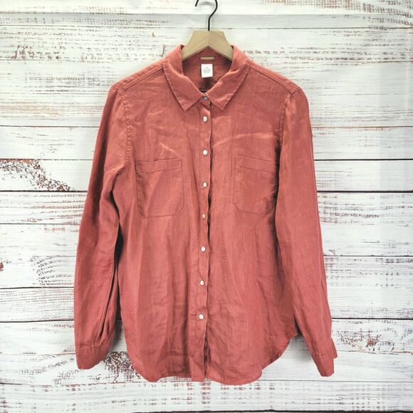 Magaschoni Shirt Womens M Coral Button Down Pockets Linen Long Sleeve Relax EUC - Picture 1 of 7